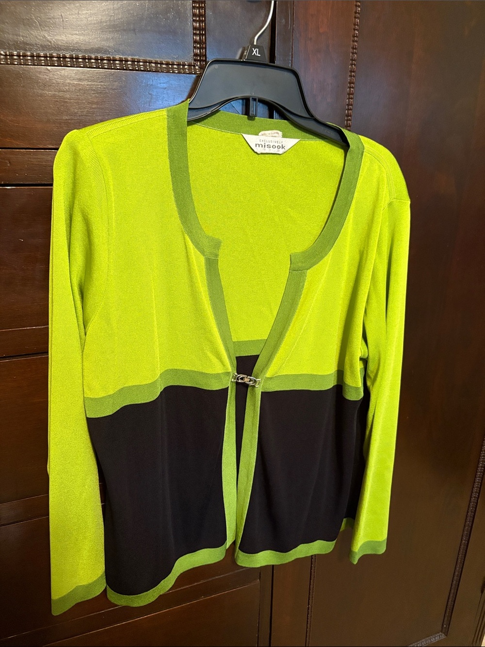 Misook Lime and Black Colorblock Open-Front Cardigan
